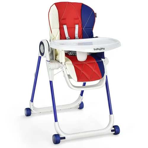Miniatura 10 de BABY JOY Silla alta para bebés y niños pequeños, silla alta plegable con respaldo/reposapiés/altura del asiento, bandejas extraíbles dobles, cojín