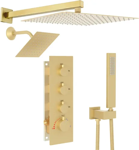 Enga Sistema de ducha termostático doble, grifo de ducha de lluvia doble de montaje en pared de 12 pulgadas + 6 pulgadas, todas las funciones se Oro