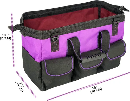 Miniatura 5 de Bolsa de herramientas morada de 16 pulgadas para mujer, correa de hombro ajustable con pies antideslizantes, 14 bolsillos funcionales, caja