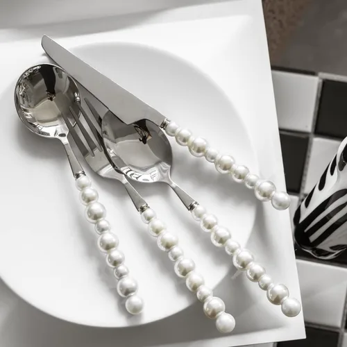 Miniatura 3 de Juego de cubiertos blancos para 4 cubiertos de acero inoxidable con mango en forma de perla, juego de vajilla de lujo de 16 piezas para el hogar