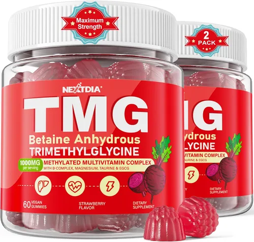Paquete de 2 gomitas TMG de 1000 mg de betaína anhidra + multivitamínico metilado y complejo B metilado (metilfolato B12 B6), magnesio, taurina,