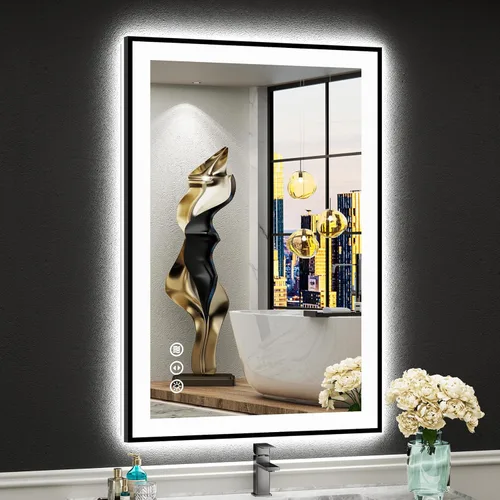 Miniatura 70 de 30x36 Espejo de baño LED con luces, retroiluminado y luz frontal, espejo de tocador iluminado antivaho para pared de baño, 3 colores, regulable