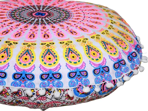 Miniatura 19 de Funda de almohada redonda con diseño de mandala, para asiento, otomano, con pompones, hippie, decorativo, bohemio, indio, de 22 pulgadas