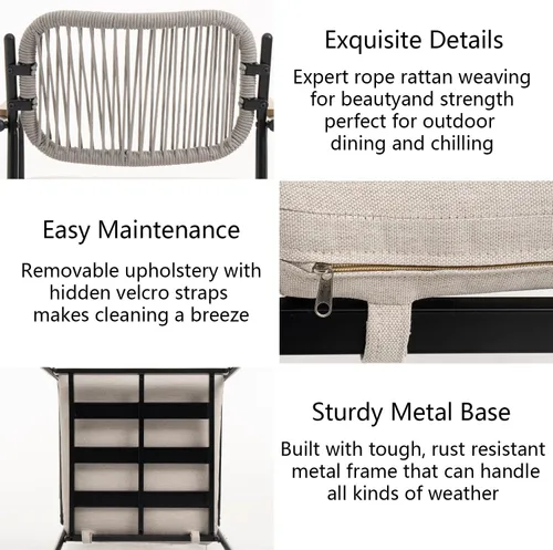 Miniatura 8 de Juego de 2 sillas de comedor para exteriores, sillas de comedor de mimbre para patio con cojines extraíbles, silla de mesa rectangular para patio