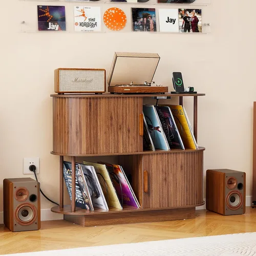 Miniatura 11 de Soporte moderno para tocadiscos con almacenamiento de vinilo, soporte de almacenamiento para tocadiscos negro de 40 pulgadas con puerta corredera