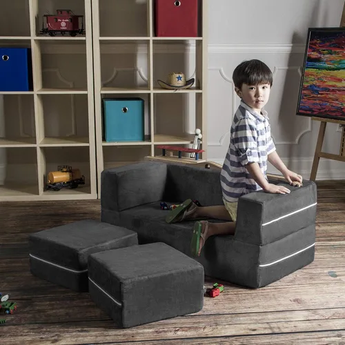 Miniatura 4 de Jaxx Zipline - Sofá biplaza modular y otomana para niños, tumbona plegable, color carbón Carbón vegetal