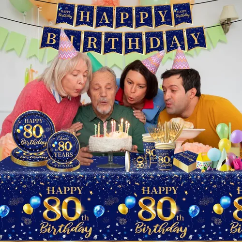 Miniatura 2 de Decoración de 80 cumpleaños para hombres - Juego de vajilla de cumpleaños azul marino y dorado de 142 piezas (sirve para 20) Incluye pancarta