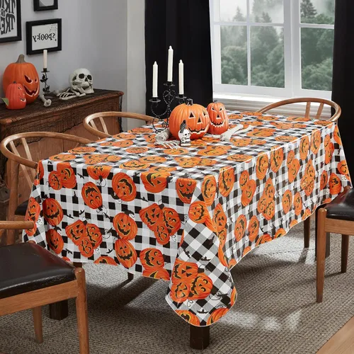 Newbridge Mantel de vinilo con parte trasera de franela de Halloween Jack O Lantern Pumpkin Farm, diseño de calabazas y murciélagos a cuadros negros