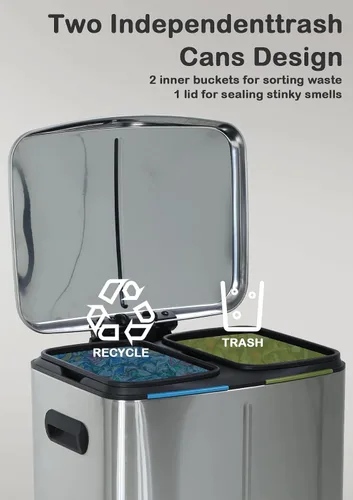 Miniatura 8 de Cubo de basura de acero inoxidable de 10 galones con tapa y asa con bisagras y asa, papelera de metal para cocina, hogar, cocina, oficina, papelera
