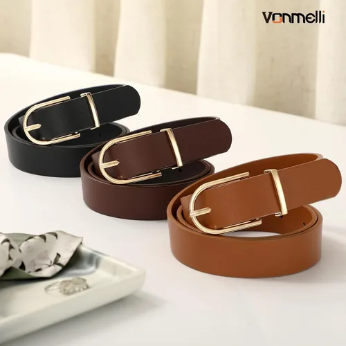 Miniatura 14 de VONMELLI Paquete de 3 cinturones de mujer para pantalones vaqueros, cinturón de vestir con hebilla dorada
