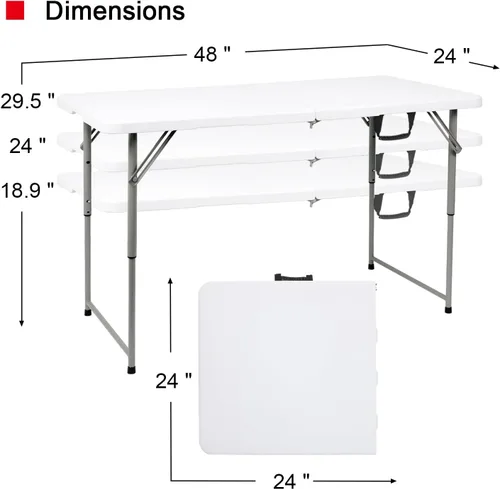 Miniatura 2 de Mesa plegable de plástico resistente de 48 pulgadas de ancho x 24 pulgadas de profundidad x 29.5 pulgadas de alto, altura ajustable, de 4 pies, mesa