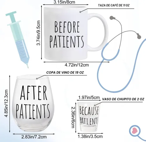 Miniatura 2 de Frerdui Set de Regalos Before Patients After Patients - Juego de Taza de Café de 11oz y Copa de Vino de 19oz Idea de Regalo para Dentistas, Médicos