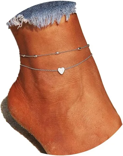 Miniatura 8 de Artmiss Tobilleras en capas para mujer, pulsera de tobillo plateada con dije de corazón y cuentas delicadas, joyería de pie para mujer, tobillera