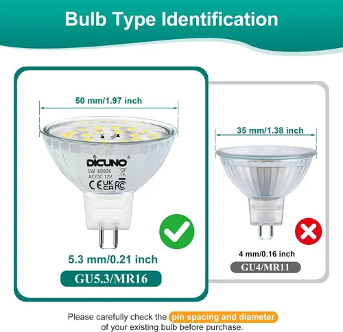 Miniatura 3 de DiCUNO Bombillas LED MR16 regulables, luz blanca diurna, 6000 K, 50 W, equivalente a halógeno, 12 V CA/CC, bombilla base de 5 W GU5.3 bi-pines, Luz