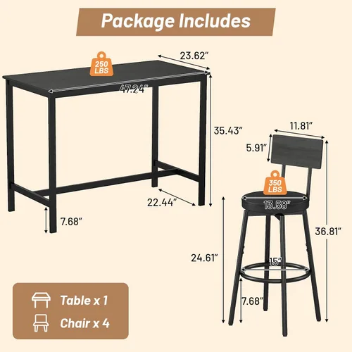 Miniatura 2 de Zevemomo Juego de mesa de comedor de 5 piezas, juego de mesa de bar para 4, mesa de cocina y sillas, mesa alta de altura de mostrador con 4