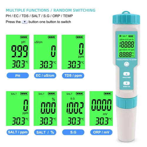 Miniatura 2 de Medidor de pH 7 en 1 Gomass 0.01 Probador de pH de alta precisión digital para agua TDS/EC/Salinidad/Temp/ORP/S. G/PH Probador de pluma de agua Azul