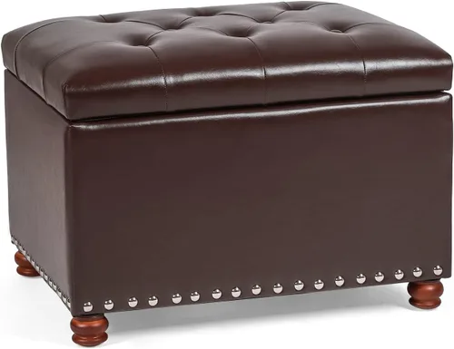 Miniatura 12 de Otomana de cuero con almacenamiento, 24 pulgadas, reposapiés otomanos con tapa con bisagras, taburetes tapizados rectangulares, con cabeza de clavo