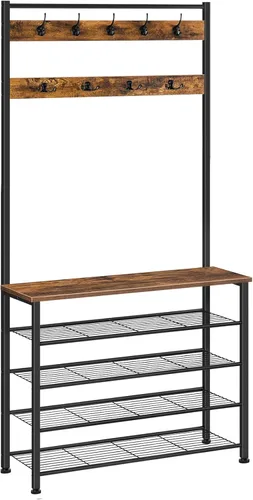 HOOBRO Árbol de pasillo, perchero con zapatero, árbol de pasillo con banco, organizador de almacenamiento de zapatos de 5 niveles con 9 ganchos para