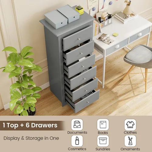 Miniatura 4 de Giantex Cómoda de 6 cajones para dormitorio, cómoda de madera con tiradores de metal y gran capacidad, 16" P x 23" A x 53.5" Al, organizador de Gris