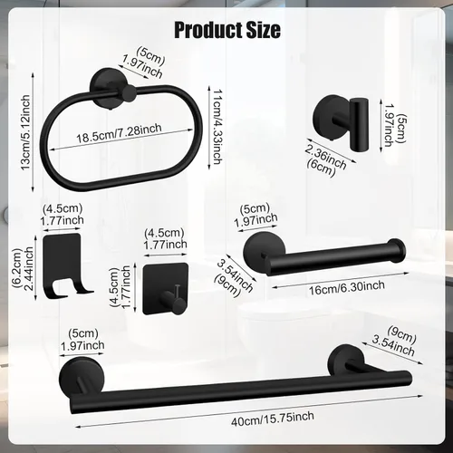 Miniatura 2 de Juego de 7 piezas de accesorios de baño, juego de estante de baño de acero inoxidable negro mate montado en pared, incluye barra para toallas de 16