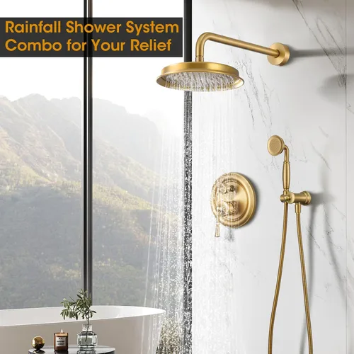 Miniatura 2 de Cabezal de ducha de lluvia con combo de mano, sistema de ducha dorado cepillado con válvula de presión de equilibrio, cabezal de ducha de 9 pulgadas
