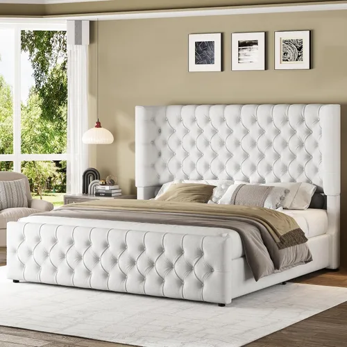 Miniatura 11 de Jocisland Base de cama tapizada tamaño Queen con cabecera curvada de 6.3 pulgadas, estribo copetudo, listones de madera, no necesita somier
