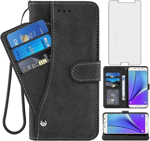 Asuwish Funda de teléfono para Samsung Galaxy Note 5, funda tipo cartera con tapa y protector de pantalla de vidrio templado, soporte para tarjetas,