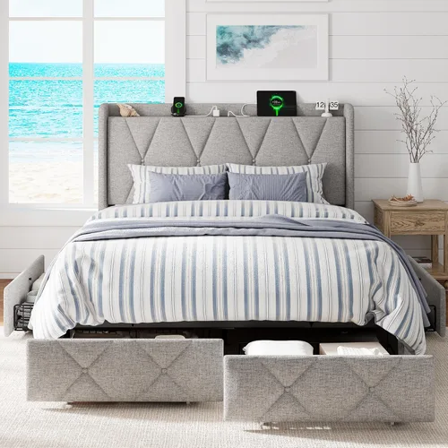 Miniatura 13 de GalnFu Base de cama de tamaño matrimonial con 4 cajones de almacenamiento, plataforma tapizada con estación de carga, moderna cabecera de Beige