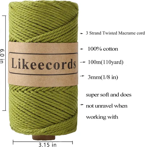 Miniatura 2 de Likeecords Cordón de algodón para macramé de 3mm x 100 metros, hilo torcido de 3 hebras, cuerda de macramé, hilo de algodón para macramé, cuerda