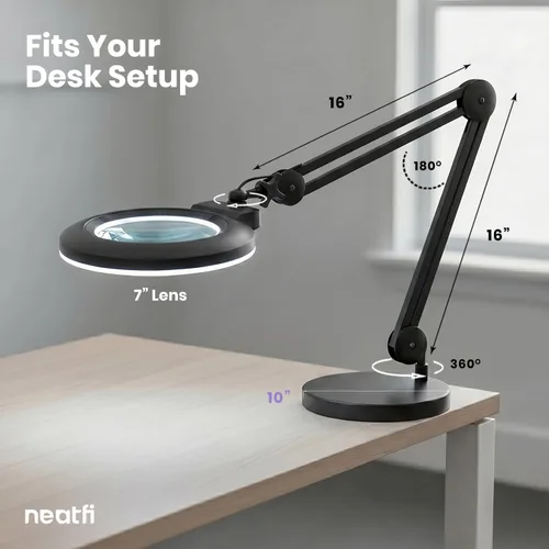Miniatura 9 de Neatfi XL lupa LED bifocal, lente acrílica de 7 pulgadas, aumento 5D/20D, manos libres, luz regulable, 84 SMD LED, brazo ajustable