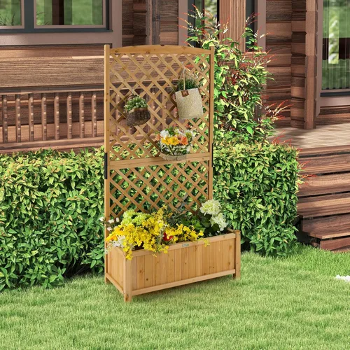 Miniatura 2 de Maceta de Jardín de Madera Giantex con Enrejado, Cama Elevada de 180 cm para Jardín, Enrejado Alto para Plantas Trepadoras y Flores, Maceta