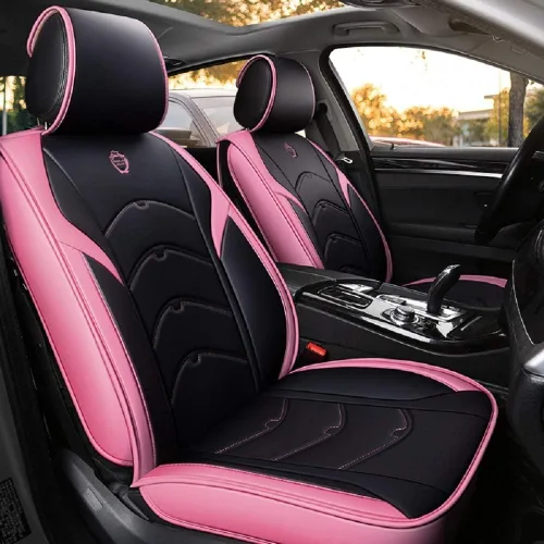 Miniatura 8 de Juego completo de fundas de asiento de piel para cuatro estaciones, diseño de oso de dibujos animados, 5 asientos, ajuste universal (negro y rosa)