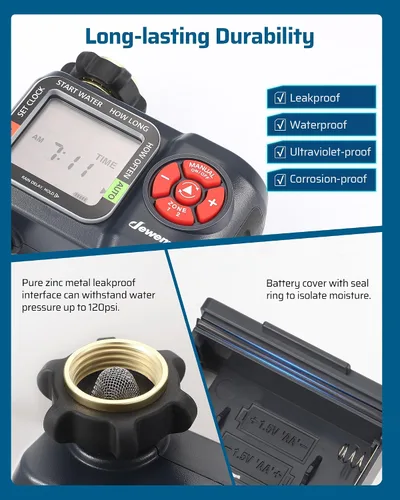 Miniatura 5 de DEWENWILS Temporizador de manguera de agua de 2 zonas: temporizador de rociador programable con retardo de lluvia, riego manual y riego automático