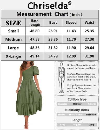 Miniatura 4 de Chriselda Vestido casual de manga corta con un hombro fruncido para mujer, cintura alta, con volantes, vestido midi para fiesta