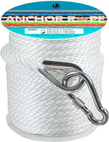 Miniatura 50 de Cuerda de anclaje de 3/8 de pulgada y 100 pies, cuerda de anclaje para barco, trenza sólida MFP, línea de anclaje con dedal de acero inoxidable 316
