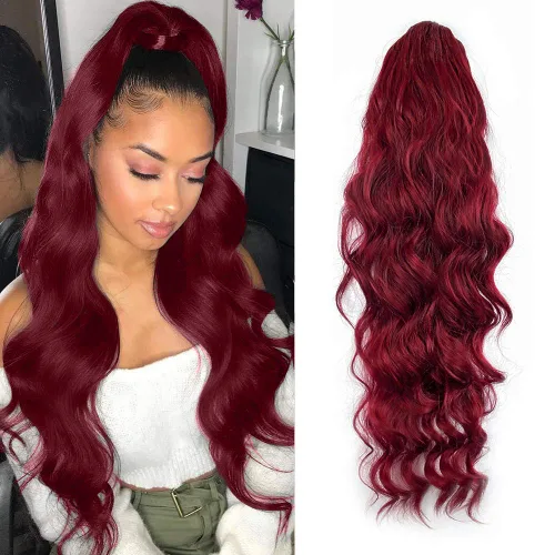 Miniatura 9 de KETHBE Extensión de pelo para cola de caballo de 24 pulgadas con onda corporal, sintética, resistente al calor, con cordón envolvente, rizada
