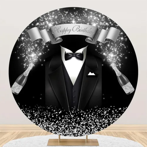 YongFoto Gentleman - Funda de fondo redondo de esmoquin negro para cumpleaños de 3 pies, color blanco y negro, traje de pajarita color champán,