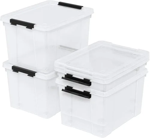 Caja de almacenamiento de 35 cuartos de galón con ruedas, base transparente, contenedores de plástico con tapa de cierre seguro, pestillo negro,