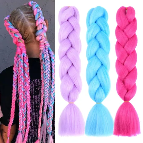 Miniatura 8 de Paquete de 3 extensiones de cabello trenzado de colores de 24 pulgadas, extensiones de cabello sintético para trenzar, morado, verde, amarillo