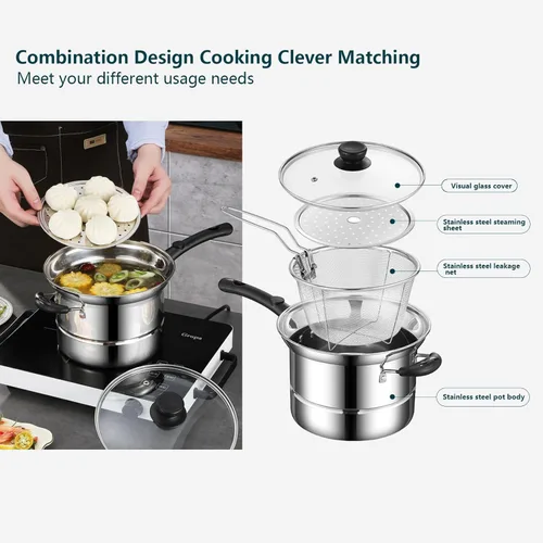 Miniatura 5 de Olla de acero inoxidable de 8.6 pulgadas con cesta y tapa, estante de vapor para cocinar versátil, uso en interiores y exteriores, cocina