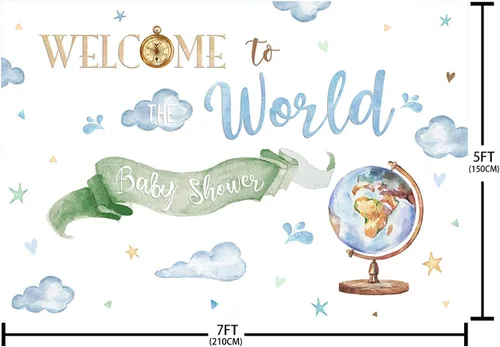 Miniatura 5 de Fondo de bienvenida al mundo de 7 x 5 pies, tema de aventura mundial, decoración de baby shower, fotografía en acuarela, fondo para sesión de fotos