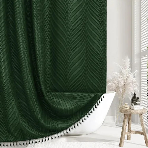 Siiluminisoy Cortina de ducha extra larga de 96 pulgadas, color verde oscuro, cortina de ducha tejida bohemia con hojas texturizadas para baño Verde