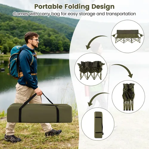 Miniatura 6 de Goplus Silla de campamento para 3 personas para adultos, silla plegable de gran tamaño para exteriores baja con portavasos y acolchado grueso, silla