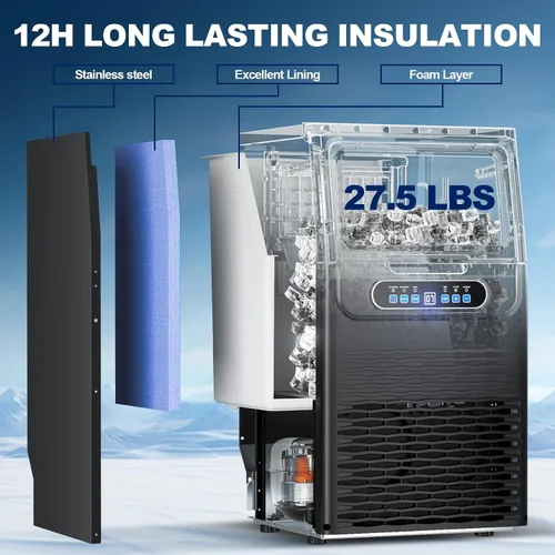 Miniatura 4 de Máquina de hielo comercial de 110 libras/día independiente de acero inoxidable sobre mostrador con cuchara, tubos de filtro de agua