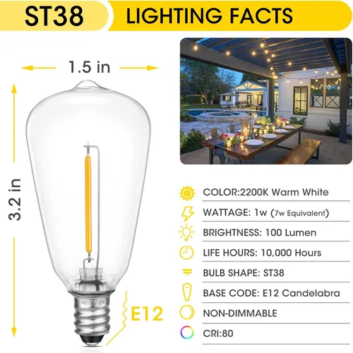 Miniatura 2 de Bombillas LED de repuesto con base E12/C7 para luces de cuerda ST38 para exteriores - No solar, bombilla LED vintage de 1 W inastillable, blanco