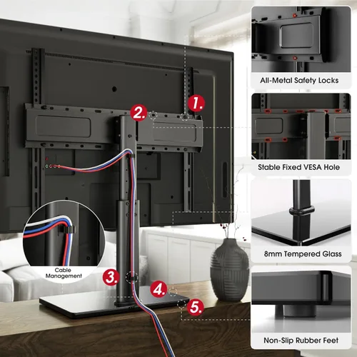 Miniatura 5 de Soporte giratorio universal para TV de 32 a 75 pulgadas con inclinación hacia arriba/abajo, soporte de mesa para TV de 8 niveles de altura ajustable
