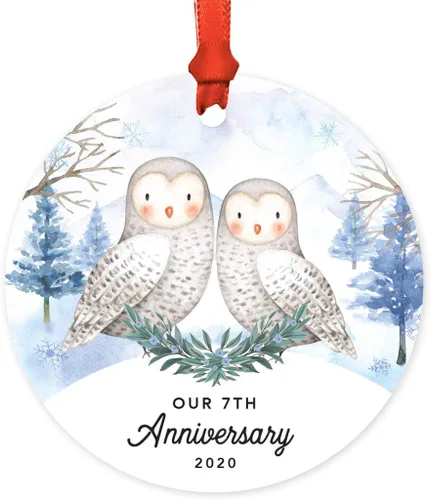Miniatura 108 de Andaz Press Adorno redondo de recuerdo de Navidad, nuestro 10 aniversario 2025, búhos de nieve de invierno en acuarela, 1 paquete, incluye cinta
