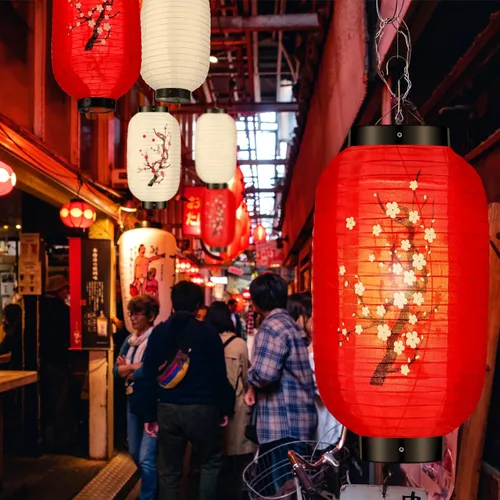Miniatura 5 de Riakrum 12 faroles colgantes tradicionales japoneses de flores de ciruelo, faroles de papel blanco y rojo, faroles japoneses para decoración