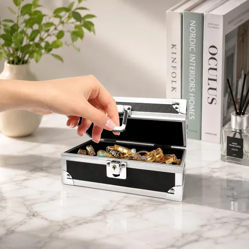 Miniatura 7 de Caja de efectivo con cerradura, caja de dinero de aluminio, almacenamiento de efectivo bloqueable con bandeja