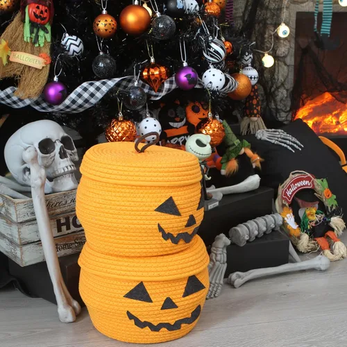 Miniatura 3 de Sea Team Cesta redonda de almacenamiento de cuerda de algodón con tapa, cesta de almacenamiento tejida de calabaza de Halloween, maceta, caddy